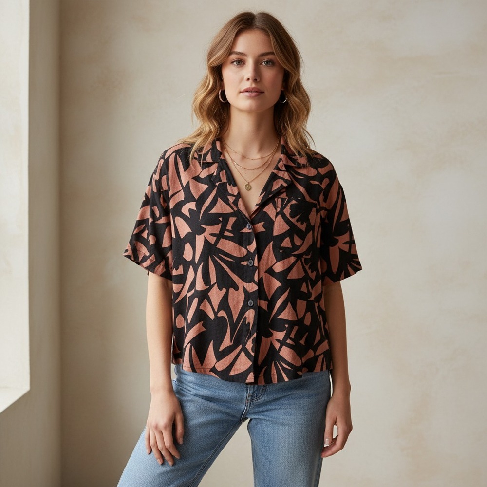 A New Day XS Top Black Brown Button Linen Oversized Boho Edgy Hippie Retro Mod